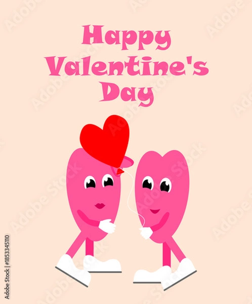 Fototapeta Groovy Valentine's Day card with a heart giving a heart-shaped balloon to your loved one