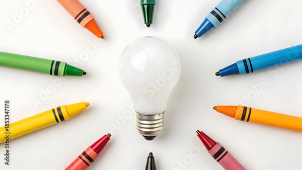 Obraz light bulb with crayons on white