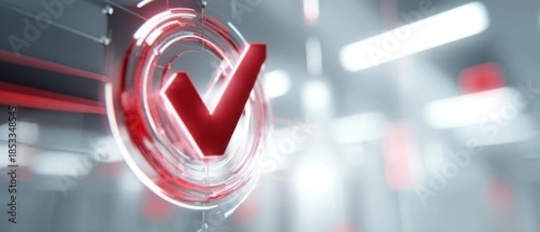 Obraz Abstract red check mark symbol against blurred background for approval concept