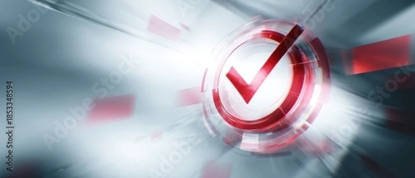 Obraz Abstract red check mark symbol inside a circle against a blurred background