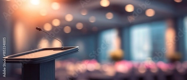 Obraz Podium and microphone in conference hall with blurred background copy space