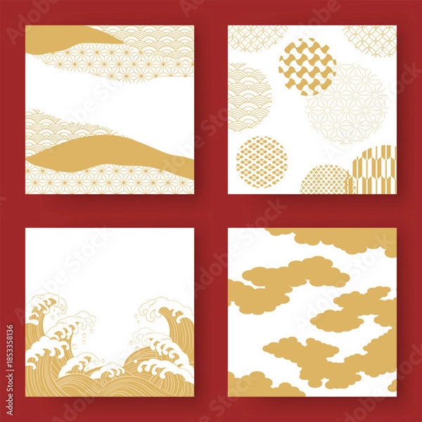 Obraz 雲と和柄の背景セット／正方形のバナー