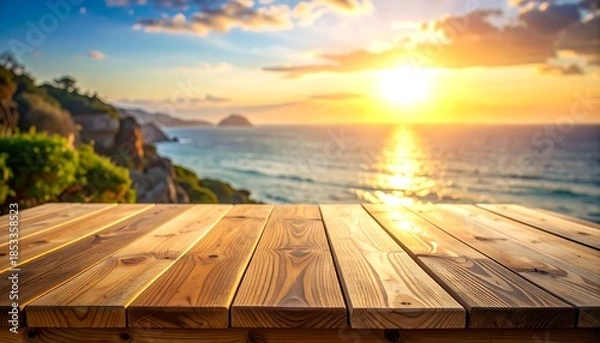 Obraz Wooden table sunset view