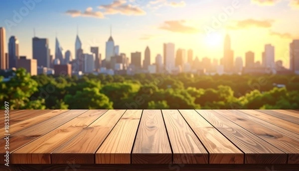 Obraz Wooden table with city view