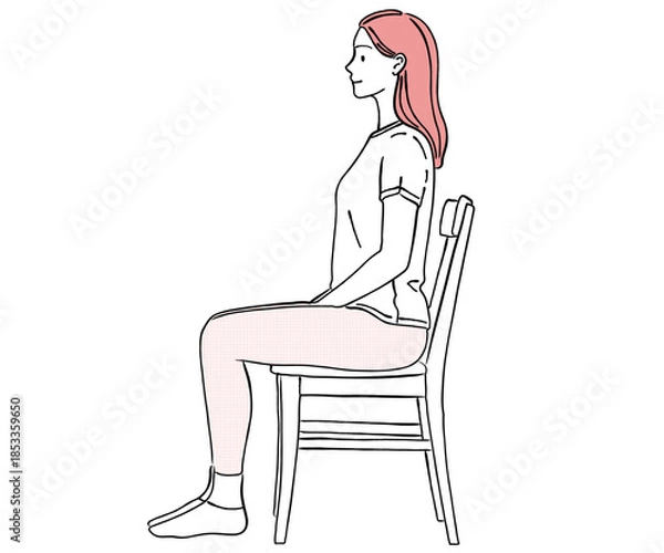 Obraz 椅子に座り正しい姿勢を保つ女性の線画イラスト｜デスクワーク・姿勢改善