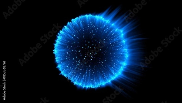 Fototapeta Blue particle sphere exploding, abstract energy nebula, glowing light orb creating digital data waves on black background