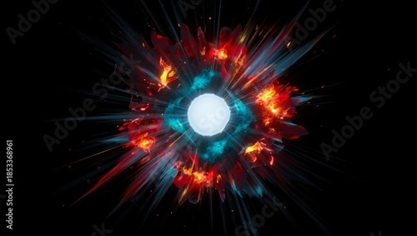 Fototapeta Cosmic energy core exploding with vibrant rays and fiery particles, abstract star ignition effect