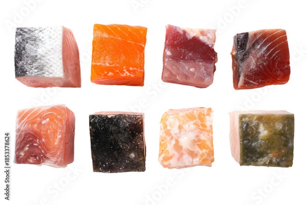 Obraz Assorted Raw Fish Cubes on White Background