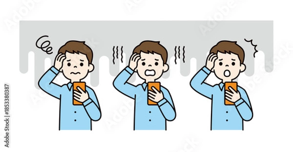 Obraz スマートフォンを見て頭を抱える、若い男性・会社員の上半身ベクターイラスト素材セット＿カラー