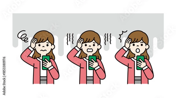 Obraz スマートフォンを見て頭を抱える、若い女性・主婦の上半身ベクターイラスト素材セット＿カラー