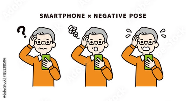 Obraz スマートフォンを見て頭を抱える、おじいさん・祖父の上半身ベクターイラスト素材セット＿カラー