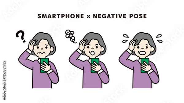 Obraz スマートフォンを見て頭を抱える、おばあさん・祖母の上半身ベクターイラスト素材セット＿カラー
