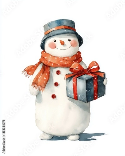 Obraz Cheerful snowman with a festive gift, wearing a blue hat and orange scarf, capturing the joyful spirit of winter celebrations.