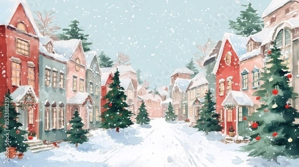 Obraz Winter scene depicting a charming street lined with colorful houses and snow-covered trees, evoking a festive holiday atmosphere.