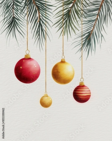 Obraz Festive Christmas ornaments hang delicately from pine branches, adding holiday cheer and warmth to any season's celebrations.