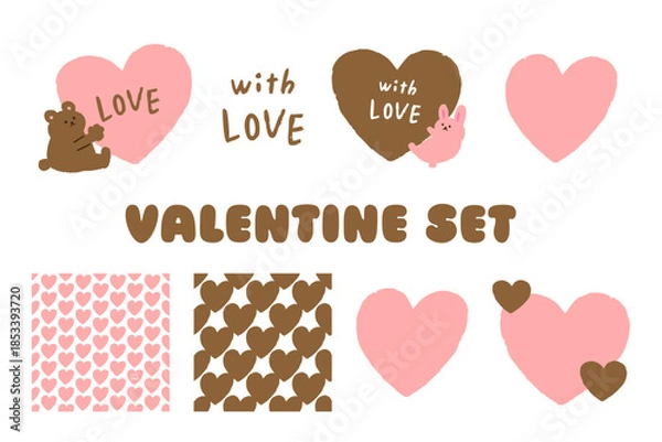 Obraz 優しいピンクと茶色のバレンタインイラストセット｜かわいいクマとハートの手書き風パターン素材
