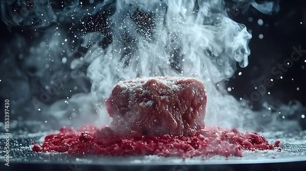 Obraz Dramatic culinary explosion - meat block surrounded by smoke and powder.