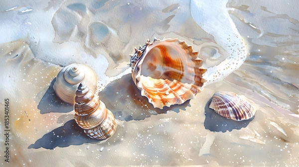 Obraz watercolor macro seashells on beach sand