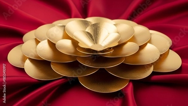 Obraz Lustrous golden metallic petals or scales elegantly arranged on a luxurious deep red satin fabric, creating a rich and opulent abstract design for celebration and grandeur