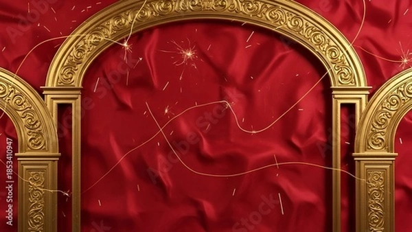 Obraz Luxurious golden arches framing a deep red silk draped background with subtle golden sparkling accents