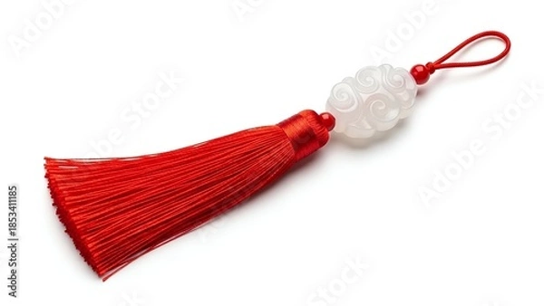 Obraz Red tassel charm with cloud-shaped bead isolated on white background