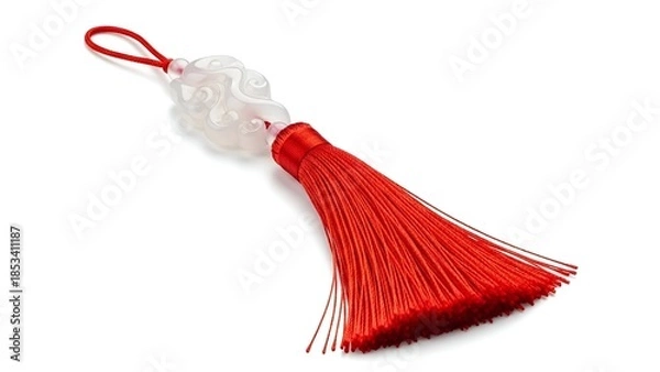 Obraz Red tassel charm with cloud-shaped bead isolated on white background