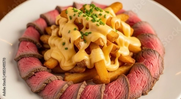 Obraz 厚切りローストビーフと、とろけるチーズソースポテトの盛り合わせ