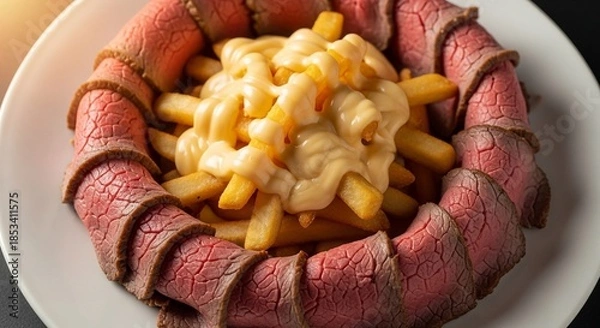 Obraz 厚切りローストビーフと、とろけるチーズソースポテトの盛り合わせ