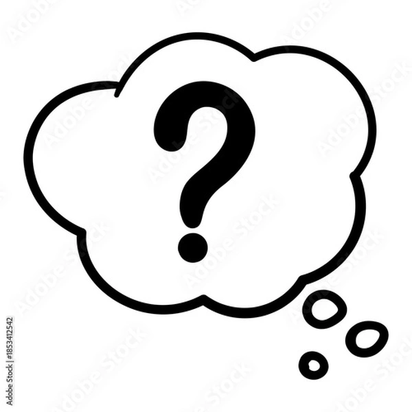 Obraz Hand Drawn Thinking Cloud with Question Mark Symbol. Comic Speech Bubble for FAQ, Help, and Doubt Design.