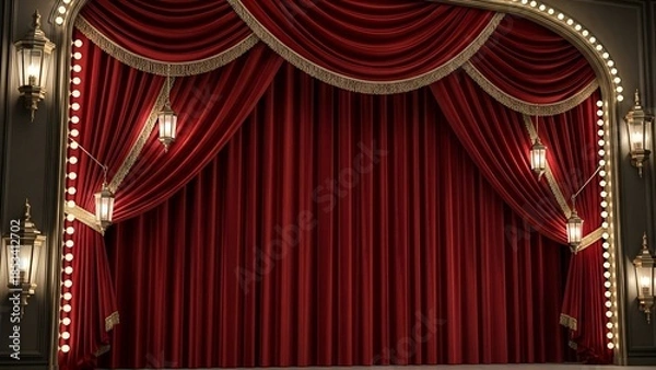 Obraz A grand red curtain with draped swags and spotlights on a darkened theater stage