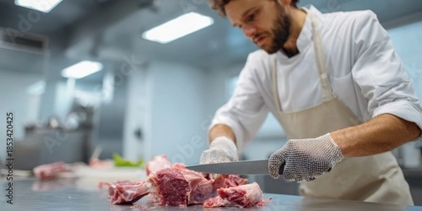 Obraz Butcher or meat technologist working in processing workshop surrounded by meat products