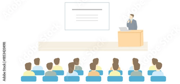 Obraz セミナー、プレゼンテーション、講演に参加している人たち、背後から見たベクターイラスト