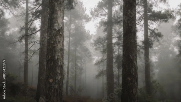 Fototapeta Misty Forest Path with Sunbeams.