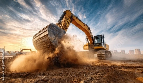 Obraz A powerful excavator digs earth under a dramatic sky, dust flying