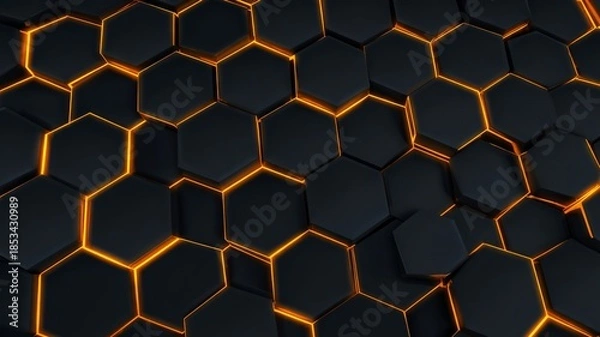 Obraz Glowing red hexagons on dark background. AI image