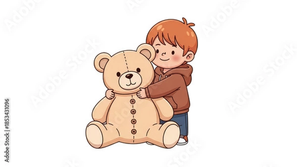 Obraz Cute Boy Hugging Teddy Bear Illustration