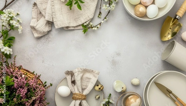 Obraz Easter Table Setting with Eggs and Spring Flowers.