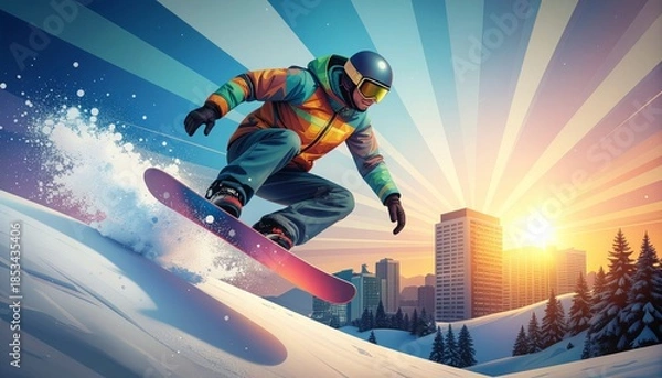 Obraz Dynamic Snowboarder Carving Down a Mountain Slope at Sunset.