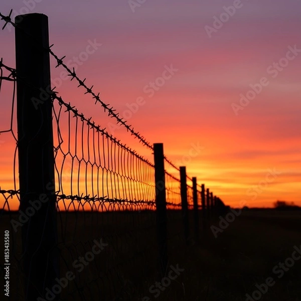 Fototapeta 夕焼けと鉄条網のシルエット