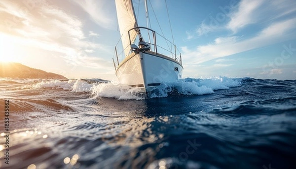 Obraz Sailboat Navigating Choppy Ocean Waters at Sunset.
