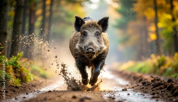 Obraz Wild Boar Running Through Muddy Forest Path During Autumn.