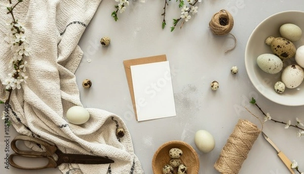 Obraz Easter flat lay with blank card, eggs, and spring decorations on a light background.