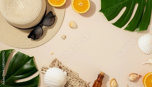 Obraz Summer Vacation Flat Lay with Beach Accessories and Tropical Elements.