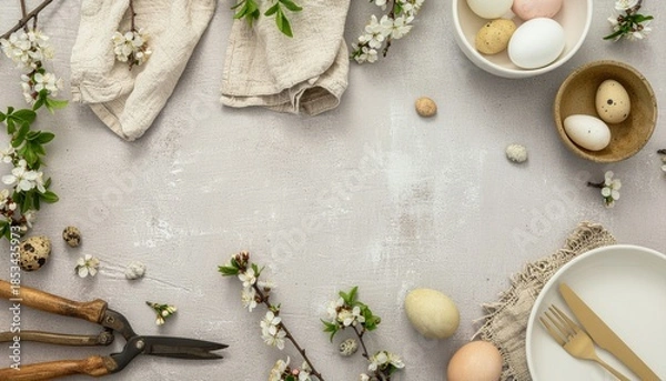 Obraz Easter Spring Table Setting with Eggs and Cherry Blossoms.