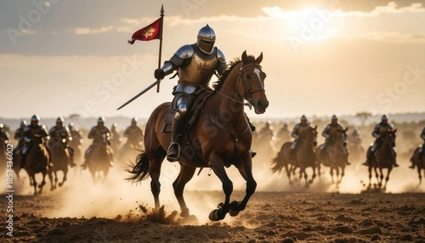 Obraz Medieval Knight Leading Cavalry Charge at Sunset.
