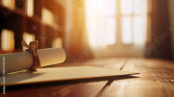 Obraz 夕暮れの教室の机に置かれた卒業証書（卒業と旅立ちのイメージ）