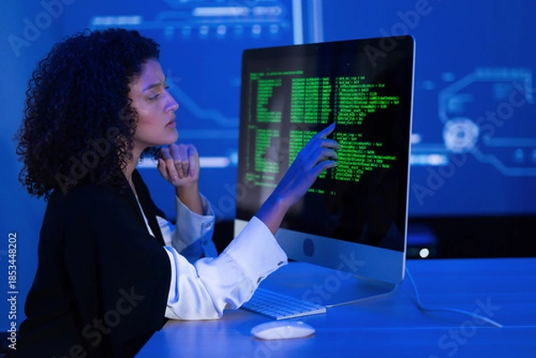 Fototapeta Woman programming on a computer screen with coding in a high-tech environment at night