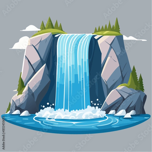 Fototapeta Cartoon illustration of a waterfall cascading over rocks into a pool of water.