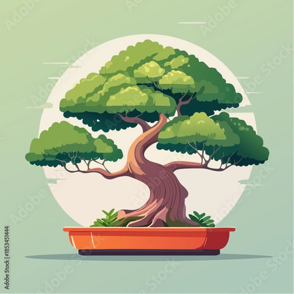 Fototapeta Cartoon bonsai tree in a red pot against a light green background with a white circle.