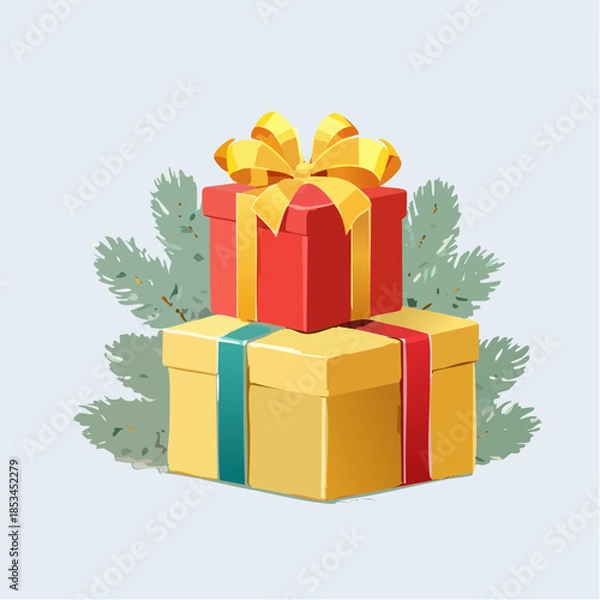 Fototapeta Two stacked gift boxes with ribbons and bows, with pine branches in the background.
